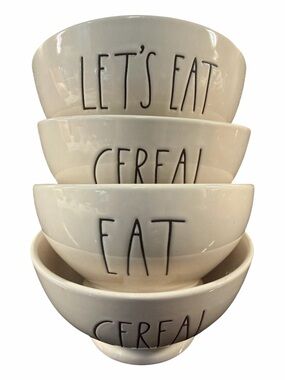 Set of 4 Rae Dunn White Ceramic Let's Eat Cereal Stackable Cereal Bowls Rare